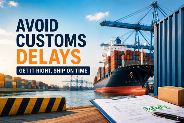 Container ship at a seaport highlighting customs clearance processes and strategies to avoid shipping delays.