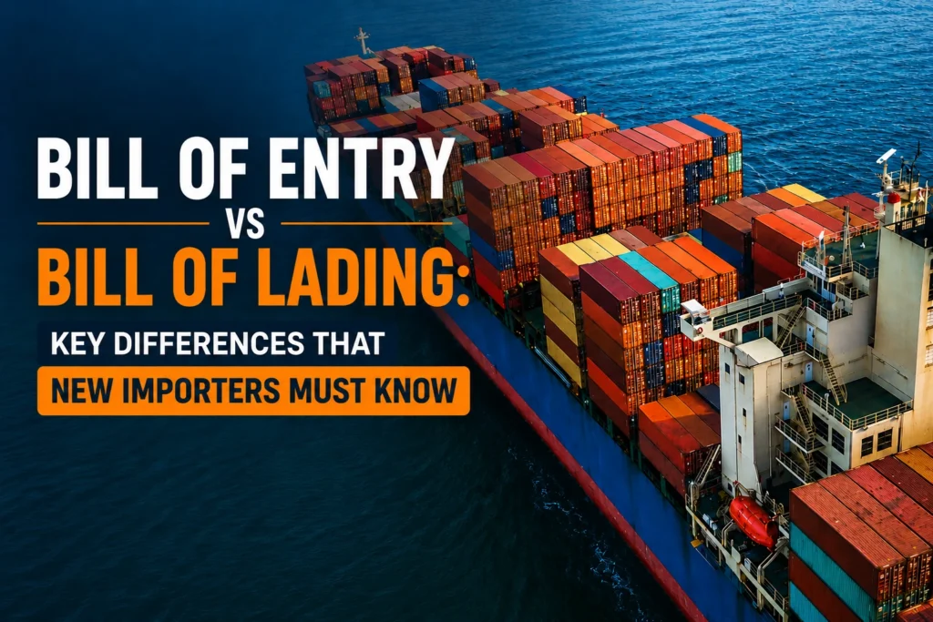 Cargo ship carrying stacked containers, illustrating import-export documentation and shipping processes.