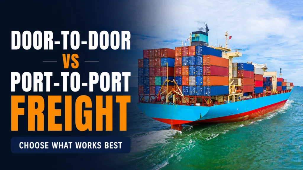 Cover image titled "Door-to-Door vs Port-to-Port Freight" featuring a container ship transporting cargo across the ocean.