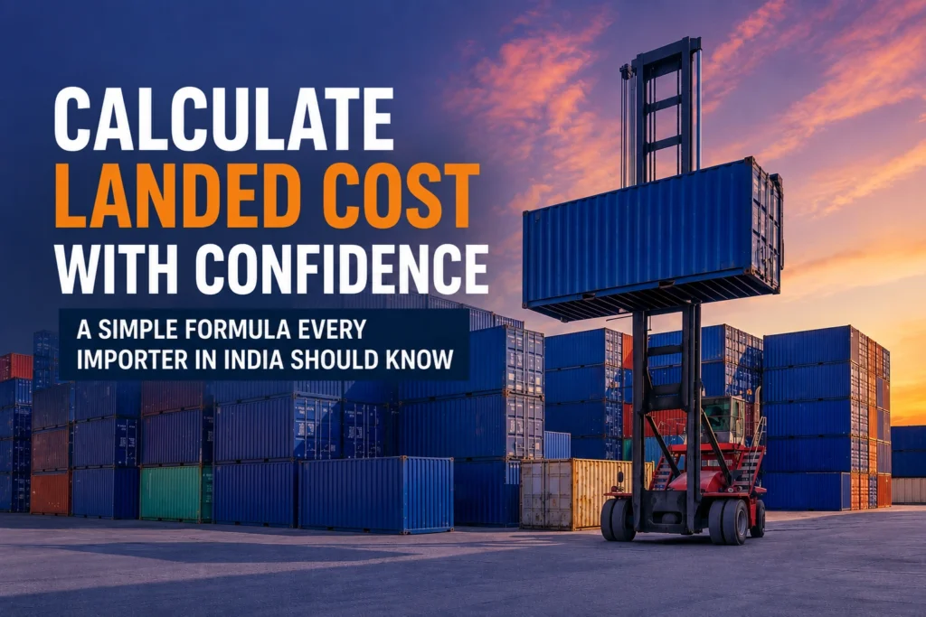 Container yard with stacked shipping containers and lifting equipment illustrating landed cost calculation for imported goods.