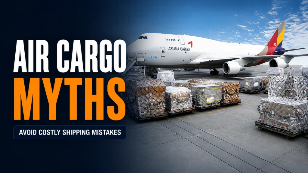 Cover image titled "Air Cargo Myths – Avoid Costly Shipping Mistakes" featuring a cargo aircraft and palletized freight on an airport tarmac.