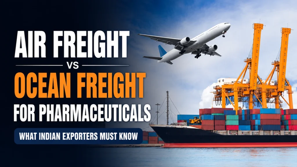 Cover image titled "Air Freight vs Ocean Freight for Pharmaceuticals" featuring a cargo aircraft above a container port and cargo ship.
