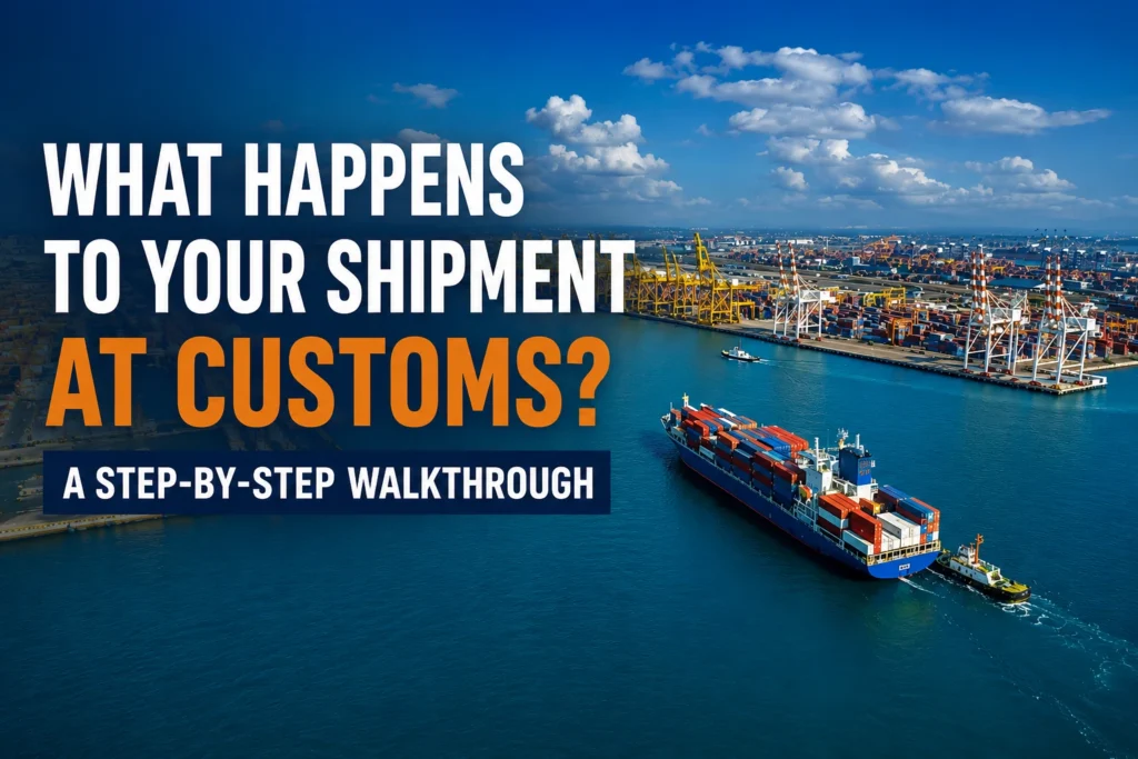 Container ship approaching a busy port with cranes and cargo terminals, illustrating customs clearance procedures.