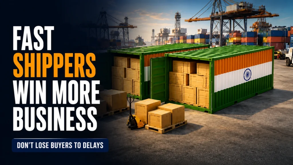 Cover image titled "Fast Shippers Win More Business" featuring export containers, packaged goods, and a container terminal.