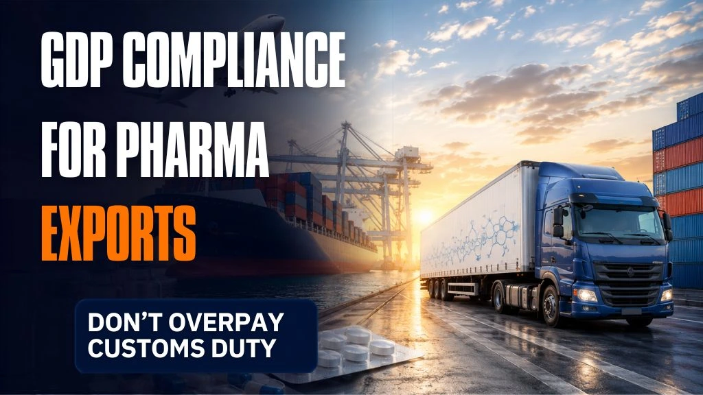Refrigerated pharmaceutical truck at a container port with cargo ship, shipping containers, and aircraft, illustrating GDP-compliant pharma export logistics.