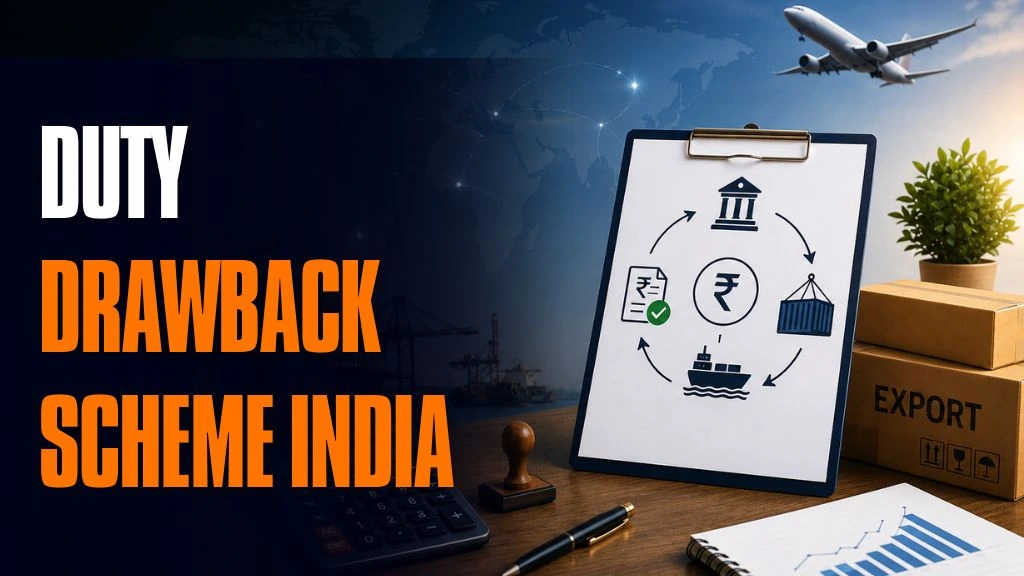 Illustration of India's Duty Drawback Scheme showing customs duty refunds, exports, and international trade documentation.
