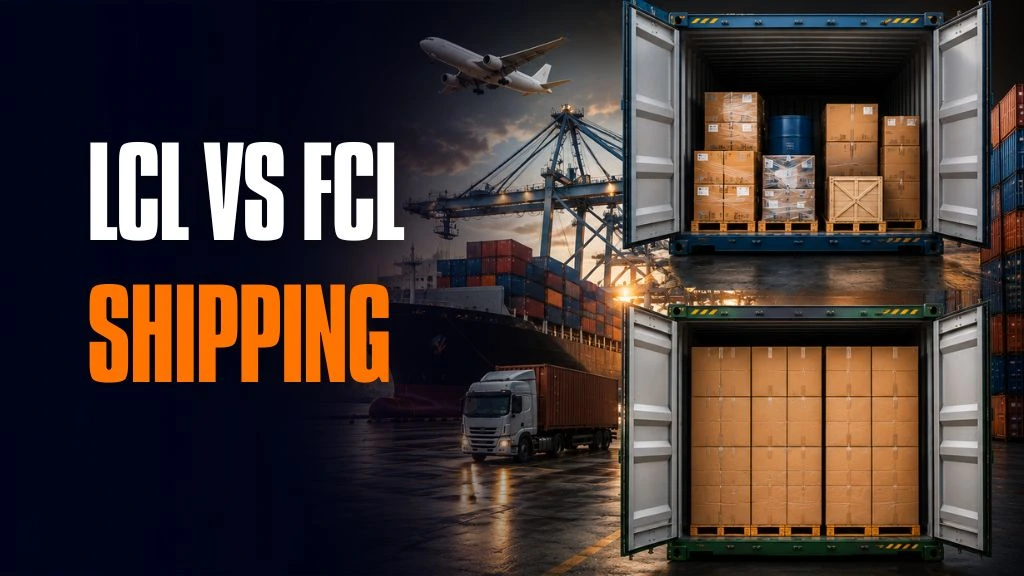 Comparison of LCL and FCL shipping with partially loaded and fully loaded shipping containers at a port.