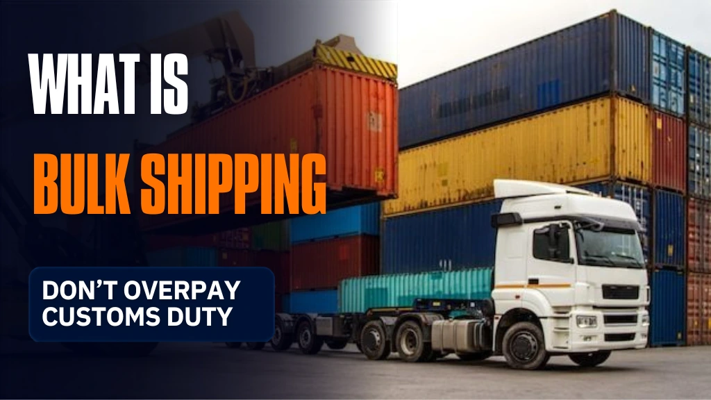 Shipping containers stacked at a freight terminal with a container truck, illustrating bulk cargo transportation and logistics operations.