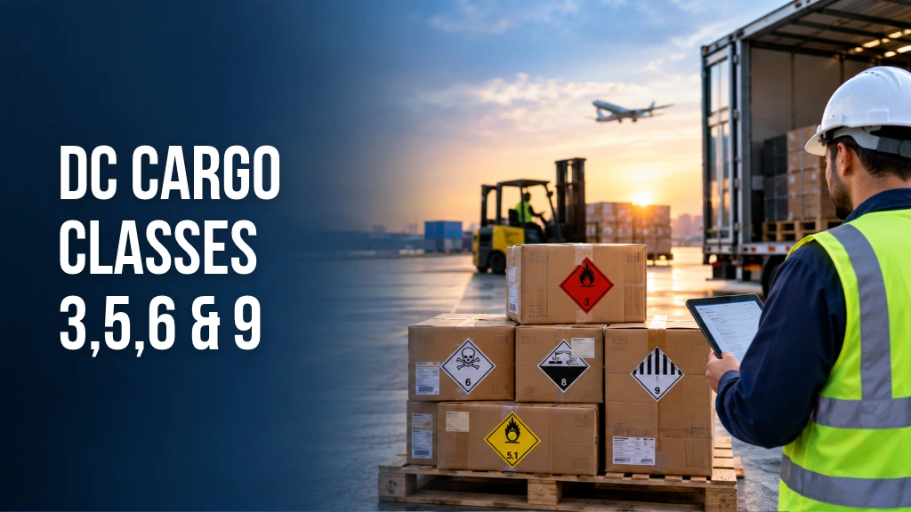 DG cargo classes 3, 5, 6 and 9 with hazardous goods packaging and shipping labels at a logistics