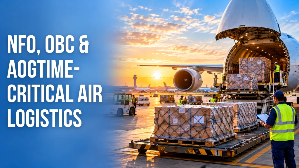 Graphic illustrating time-critical air logistics, with palletised cargo, an aircraft being loaded, and logistics personnel coordinating urgent shipments for fast and reliable delivery.