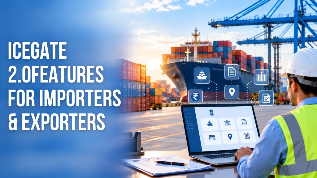ICEGATE 2.0 for importers and exporters, featuring a cargo port, shipping containers, and a digital customs platform.