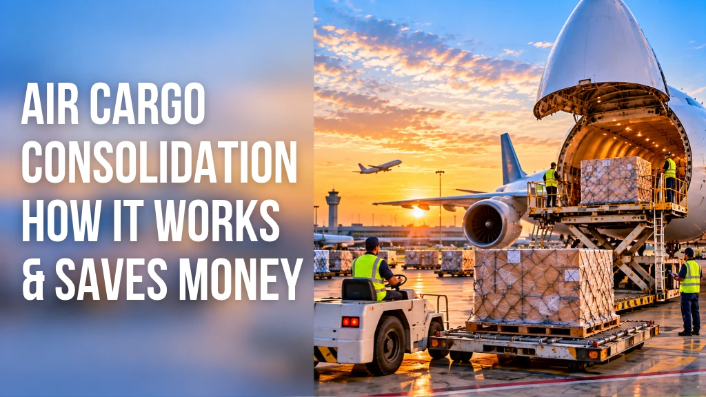 Air cargo consolidation showing palletised shipments being loaded onto an aircraft at an airport.