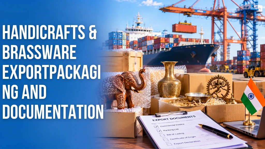 Handicraft and brassware export packaging and documentation with Indian handicrafts, protective materials, and shipping documents at a port.
